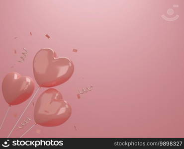 Valentine’s Day concept, pink hearts balloons on pink background. 3D rendering. empty space for text.