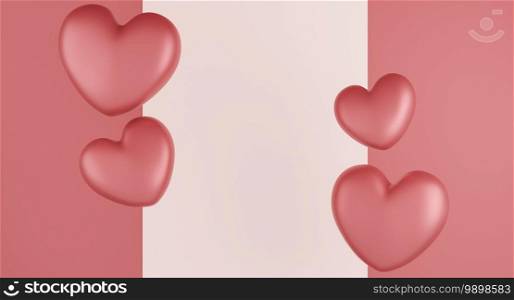 Valentine’s Day concept, pink hearts balloons on pink background. 3D rendering.