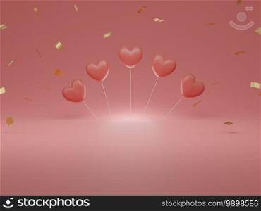 Valentine’s Day concept, pink hearts balloons on pink background. 3D rendering. empty space for text.