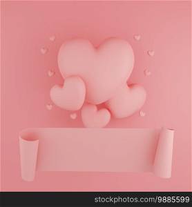 Valentine’s Day concept, pink hearts balloons with banner on pink background. 3D rendering.