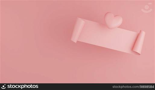 Valentine’s Day concept, pink hearts balloons with banner on pink background. 3D rendering.