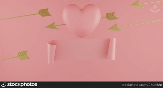 Valentine’s Day concept, pink hearts balloons with gold arrow and banner on pink background with empty space for text. 3D rendering.