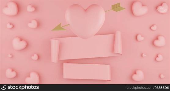 Valentine’s Day concept, pink hearts balloons with gold arrow and banner on pink background. 3D rendering.