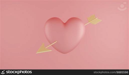 Valentine’s Day concept, pink hearts balloons with gold arrow on pink background. 3D rendering.