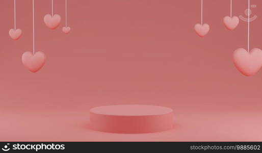 Valentine’s Day concept, pink hearts balloons with round pedestal on pink background. 3D rendering.