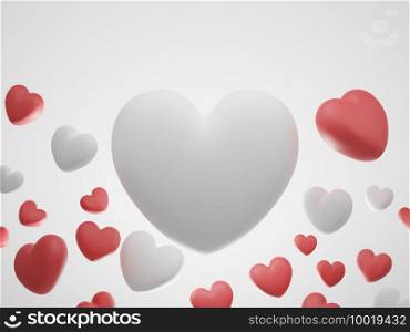 Valentine’s Day concept, red and white hearts balloons on white background. 3D rendering.