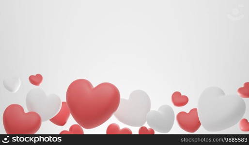 Valentine’s Day concept, red and white hearts balloons on white background. 3D rendering.