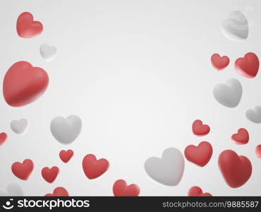 Valentine’s Day concept, red and white hearts balloons on white background. 3D rendering.