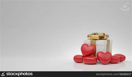 Valentine’s Day concept, red hearts balloons and white gift box with gold ribbon on white background. 3D rendering.