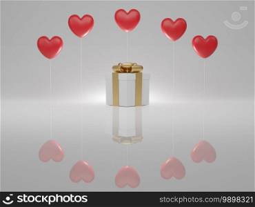 Valentine’s Day concept, red hearts balloons and white gift box with gold ribbon on white background. 3D rendering.