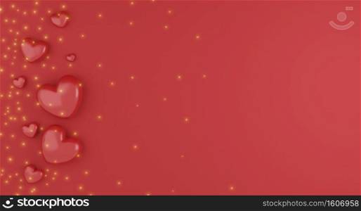 Valentine’s Day concept, red hearts balloons on red background. 3D rendering. empty space for text.