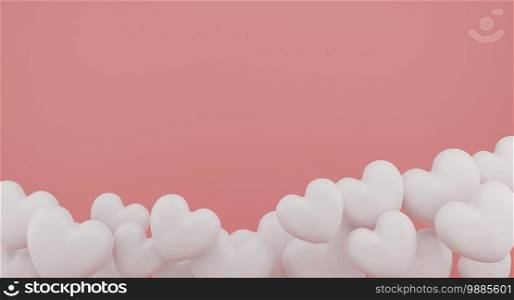 Valentine’s Day concept, white hearts balloons on pink background. 3D rendering.