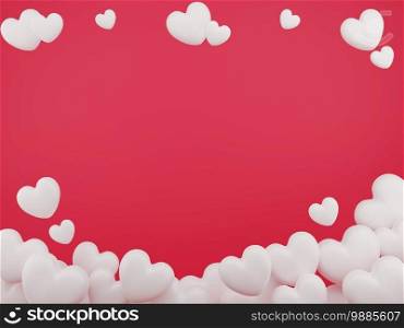 Valentine’s Day concept, white hearts balloons on red background. 3D rendering.