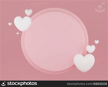 Valentine’s Day concept, white hearts balloons with banner on pink background. 3D rendering.