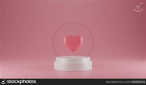 Valentine’s Day concept  with ball glass  pedestal and round backdrop on pink background. 3D rendering.