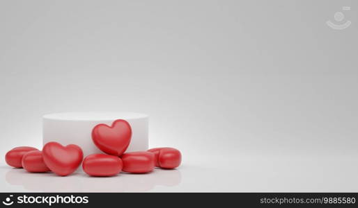 Valentine’s Day concept with platform, red hearts balloons. Stand, podium, pedestal for goods 3D rendering.