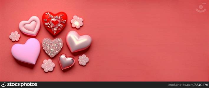 Valentine’s Day Crystal Diamond and 3D Heart Illustration Banner