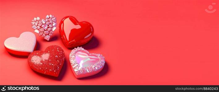 Valentine’s Day Crystal Diamond Heart 3D Illustration for Banner and Background