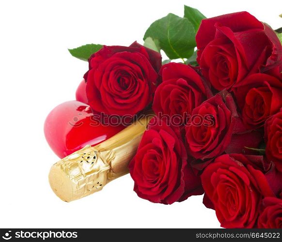 Valentine’s day dark red roses with heart candle and neck of ch&agne wine isolated on white background