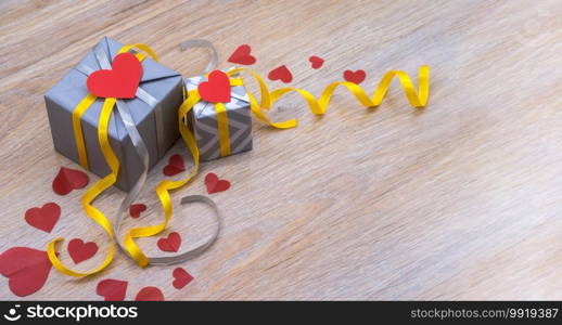 valentine’s day decor, grey gift with yellow ribbon, grey packaging with red ribbon, valentine’s day february 14. grey gift with yellow ribbon, grey packaging with red ribbon, valentine’s day february 14, valentine’s day decor