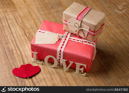 Valentine's Day. Decorative boxes and felt hearts