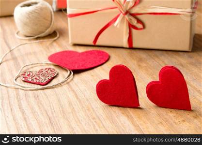 Valentine's Day. Decorative boxes and felt hearts