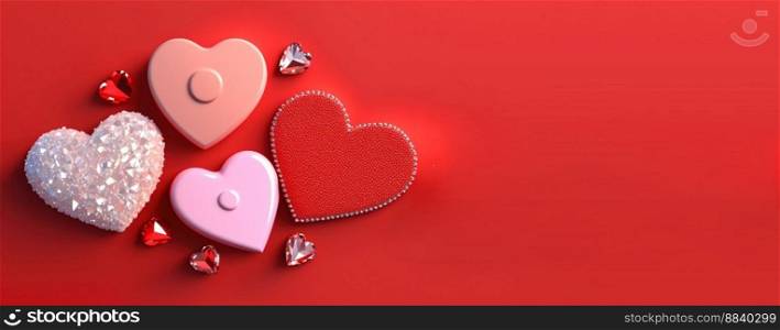 Valentine’s Day Heart Objects and Crystal Diamonds Background