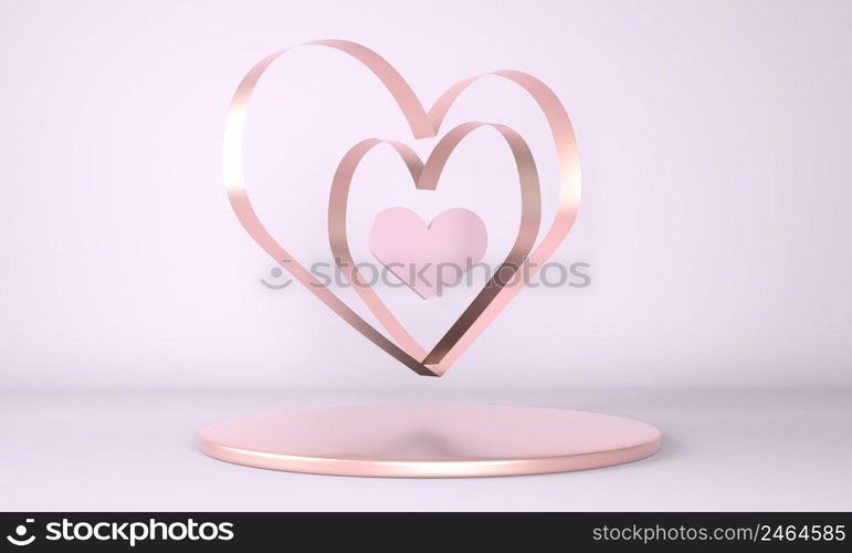 Valentine’s Day interior with pedestal, hearts. Stand, podium, pedestal for goods. Love greeting card. 3d rendering.. Valentine’s Day interior with pedestal, hearts. Stand, podium, pedestal for goods. Love greeting card. 3d