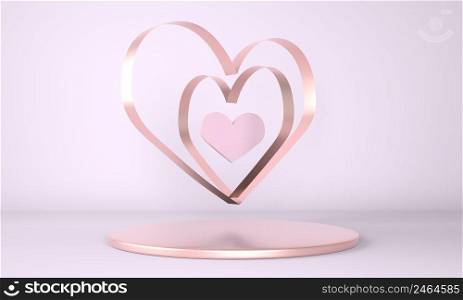 Valentine’s Day interior with pedestal, hearts. Stand, podium, pedestal for goods. Love greeting card. 3d rendering.. Valentine’s Day interior with pedestal, hearts. Stand, podium, pedestal for goods. Love greeting card. 3d