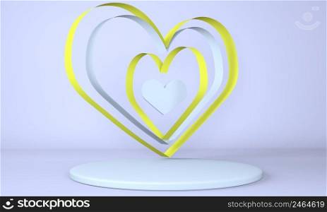 Valentine’s Day interior with pedestal, hearts. Stand, podium, pedestal for goods. Love greeting card. 3d rendering.. Valentine’s Day interior with pedestal, hearts. Stand, podium, pedestal for goods. Love greeting card. 3d