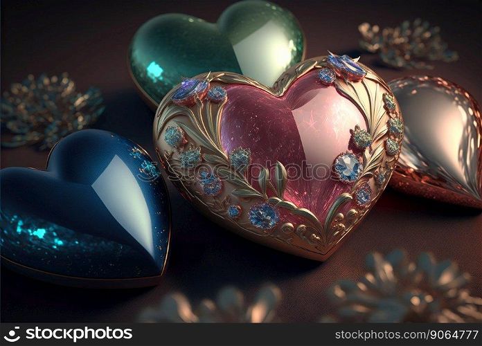Valentine’s Day jewel hearts incrustated with gold. Romantic jewelry. Generative AI.. Valentine’s Day jewel hearts incrustated with gold. Romantic jewelry. Generative AI