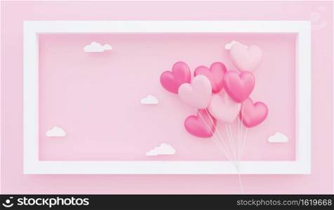 Valentine’s day, love concept background, 3D illustration of pink heart shaped balloons bouquet floating into frame with paper cloud