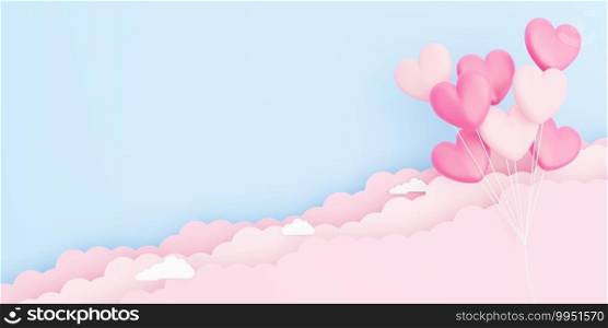 Valentine’s day, love concept background, 3D illustration of pink heart shaped balloons bouquet floating in the sky with paper cloud