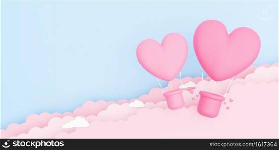 Valentine’s day, love concept background, 3D illustration of pink heart shaped hot air balloons floating in the sky with paper cloud, blank space
