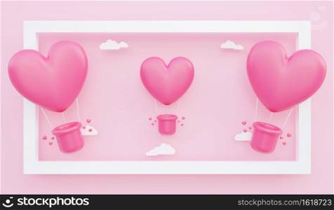 Valentine’s day, love concept background, 3D illustration of pink heart shaped hot air balloons floating out of frame with paper cloud