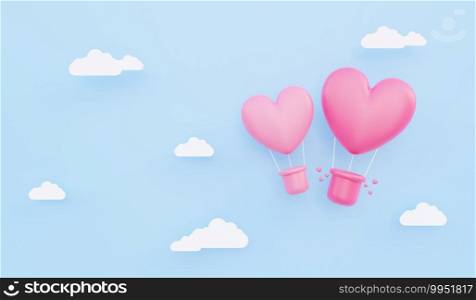 Valentine’s day, love concept background, 3D illustration of pink heart shaped hot air balloons floating in the sky with paper cloud