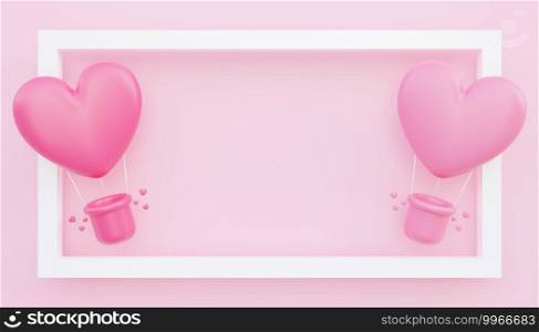 Valentine’s day, love concept background, 3D illustration of pink heart shaped hot air balloons floating out of frame with blank space
