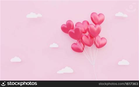 Valentine’s day, love concept background, 3D illustration of red heart shaped balloons bouquet floating in the sky with paper cloud