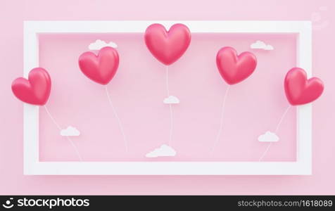 Valentine’s day, love concept background, 3D illustration of red heart shaped balloons floating out of frame with paper cloud