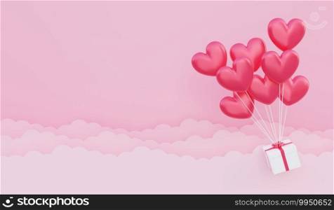 Valentine’s day, love concept background, 3D illustration of red heart shaped balloons bouquet with gift box floating in the sky with paper cloud