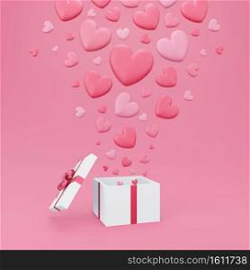 Valentine’s day, love concept background, 3d opened gift box with colorful heart shape floating, heart confetti