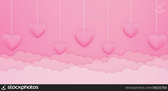 Valentine’s day, love concept background, pink 3d heart shape hanging in the sky with cloud