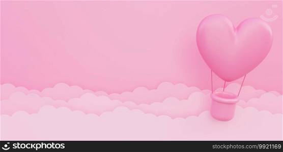 Valentine’s day, love concept background, pink 3d heart shaped hot air balloon flying in sky with paper cloud, copy space