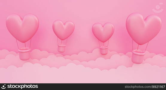 Valentine’s day, love concept background, pink 3d heart shaped hot air balloons flying in sky with paper cloud
