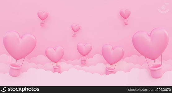 Valentine’s day, love concept background, pink 3d heart shaped hot air balloons flying in the sky with paper cloud, copy space