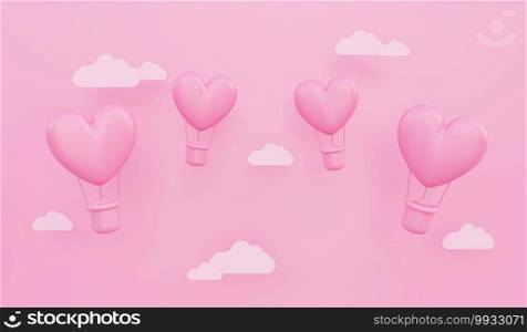 Valentine’s day, love concept background, pink 3d heart shaped hot air balloons flying in the sky with paper cloud, copy space