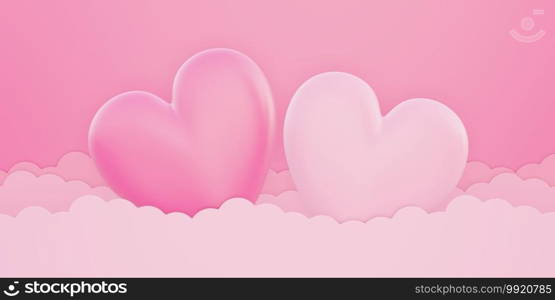 Valentine’s day, love concept background, pink and white 3d heart shape on cloud in the sky