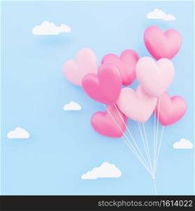 Valentine’s day, love concept background, pink and white 3d heart shaped balloons bouquet floating in the sky with paper cloud