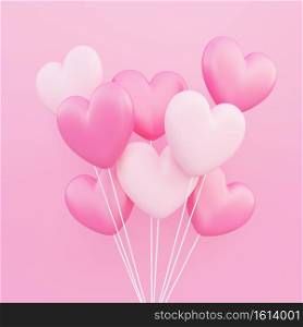 Valentine’s day, love concept background, pink and white 3d heart shaped balloons bouquet floating