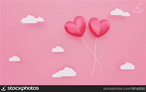 Valentine’s day, love concept background, red 3d heart shaped balloons floating in the sky with cloud